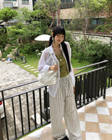 Satin Linen Stripe Wide Banding Long Pants