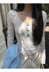 レースブルーリボンツーピース長袖Tシャツ