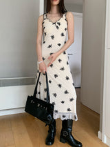 Beige Black Flower Long Dress