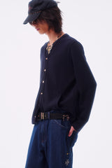 WOOL BLEND PIQUÉ TEXTURE CROSS TOTEM EMBROIDERY RAW-EDGE FOUR-COLOR BUTTON CARDIGAN