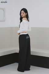 Lace lettering wide casual banding pants