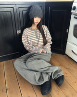 Hira Round Henley-Neck Buttoned Stripe Knit