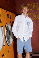 Sky Blue C patch Oxford Long-Sleeved Shirt / White [Unisex]