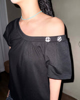 (2color) Check Back Ribbon Off-Shoulder Short Sleeve Tee
