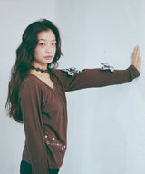 FLOWER SHIRRING SLIM LONG SLEEVE - BROWN
