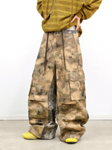 RELABEL Digital-Printed Leopard-Print Camouflage High-Waisted/Low-Waisted Frayed-Edge Patchwork A-Line Studded Workwear Trousers
