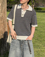 Windy Buckle Stripe Collar Short Sleeve Knit