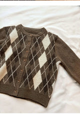 [F/W] Argyle round neck crop cardigan(3color)