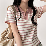 Bendy Stripe Danjara Collar Short-Sleeved Knitwear