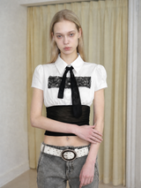 Emoha White Short-Sleeve Shirt with Lace Paneling and Tie Detail