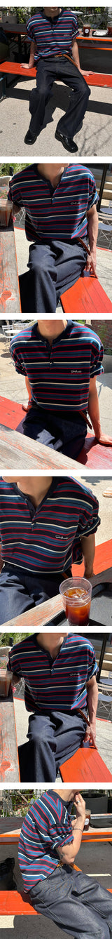 [S/S] Multi stripe henry neck half knit(3color)