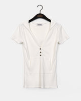[SHORT SLEEVE/MADE] Tibot Vintage Button V-Neck Ribbed Hooded Sweatshirt