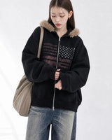 (UNISEX) USA Flag Fur Hood Zip-up
