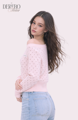 Pink dot unbalanced shoulder top