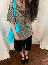 ソハUネックボーダーストラップ半袖Tシャツ
