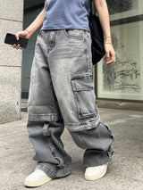 Unisex ツーウェイバミューダジッパーカーゴワイドデニムパンツ