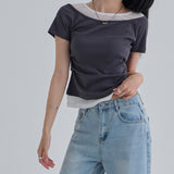 [Sendein] シャーリングオフショルダーレイヤードショートスリーブTシャツ - 3カラー