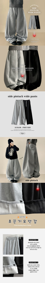 Terry Fleece side pin tuck incision string wide pants
