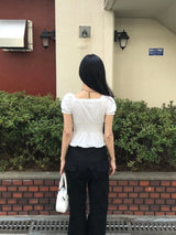 ロミー スクエア レース リボン パフ スモーク ブラウス