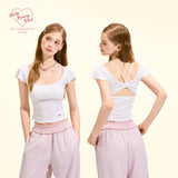 [GirlyFancyClub] Laisel knitted flutter sleeve top white slim fit sexy backless sweet and spicy T-shirt
