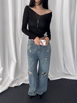 Toris Distressed Fold-Cuff Wide Denim Pants