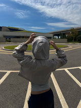 2-WAY zipper big hood color scheme rustic crop long sleeve jumper (2 colors)