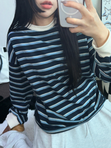 STRIPE OVER BOXY BOYFRIEND LONG SLEEVE T SHIRT ❤💚🩵🧸4COLOR