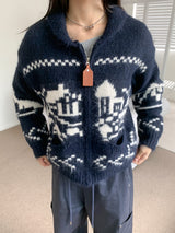 Winter Village House Pattern Knit Zip-Up Cardigan (2 colors)