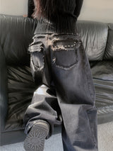 Rough Muse Tassel Ball Stud Wide Long Denim Pants
