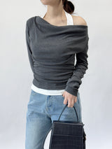 Getz Halterneck Shirred Drape Contrast Long Sleeve T-shirt