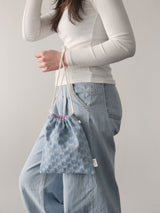 denim ribbon string pouch - light blue L