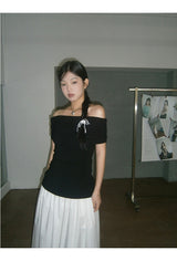 Black Macaron Bow Off Shoulder Tee
