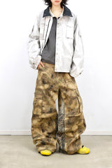 RELABEL Digital-Printed Leopard-Print Camouflage High-Waisted/Low-Waisted Frayed-Edge Patchwork A-Line Studded Workwear Trousers