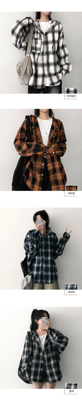 Tring Oversized Fit Tartan Checkered Hooded Shirt