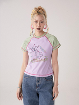 Contrast color printed round neck short sleeve T-shirt