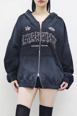 (Unisex) Wind Embroidery Dirty Hooded Zip-Up