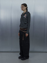 BADGE STRIPE HOODED CARDIGAN / CHARCOAL_P