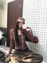 コットンウールスカーフドットブラウン長袖Tシャツ