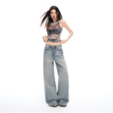 Low-Rise Cat-Whisker Wash Wide-Leg Denim Pants