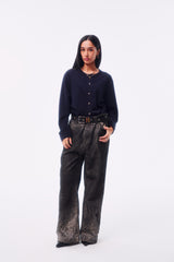 WOOL BLEND PIQUÉ TEXTURE CROSS TOTEM EMBROIDERY RAW-EDGE FOUR-COLOR BUTTON CARDIGAN