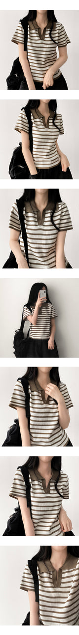 Bendy Stripe Danjara Collar Short-Sleeved Knitwear