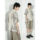 Retro cotton and linen patchwork short-sleeved shirt, summer casual loose fit blouse