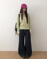 Taen ダイアゴナルボタン ストライプ フードTシャツ