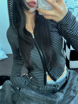 STRIPE SLIN クロップドフーディージップアップ 🤎❤🩶🖤3COLOR