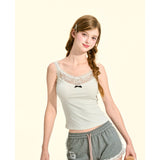 [GirlyFancyClub] short unique beautiful small top women's summer lace patchwork white camisole