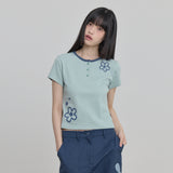 フラワーヘンリーネックハーフスリーブTシャツ