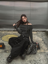 [Muffler set] レイオフショルダーストライプロングスリーブ