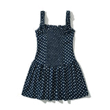Navy Dotted Square Neck Flared Dress