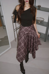 Unbalanced High Midi Checkered Skirt