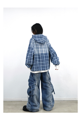 RELABEL (Gemeng) スタッドエンベリッシュドプリントグラディエントウォッシュチェックフードデニムスウェットシャツ